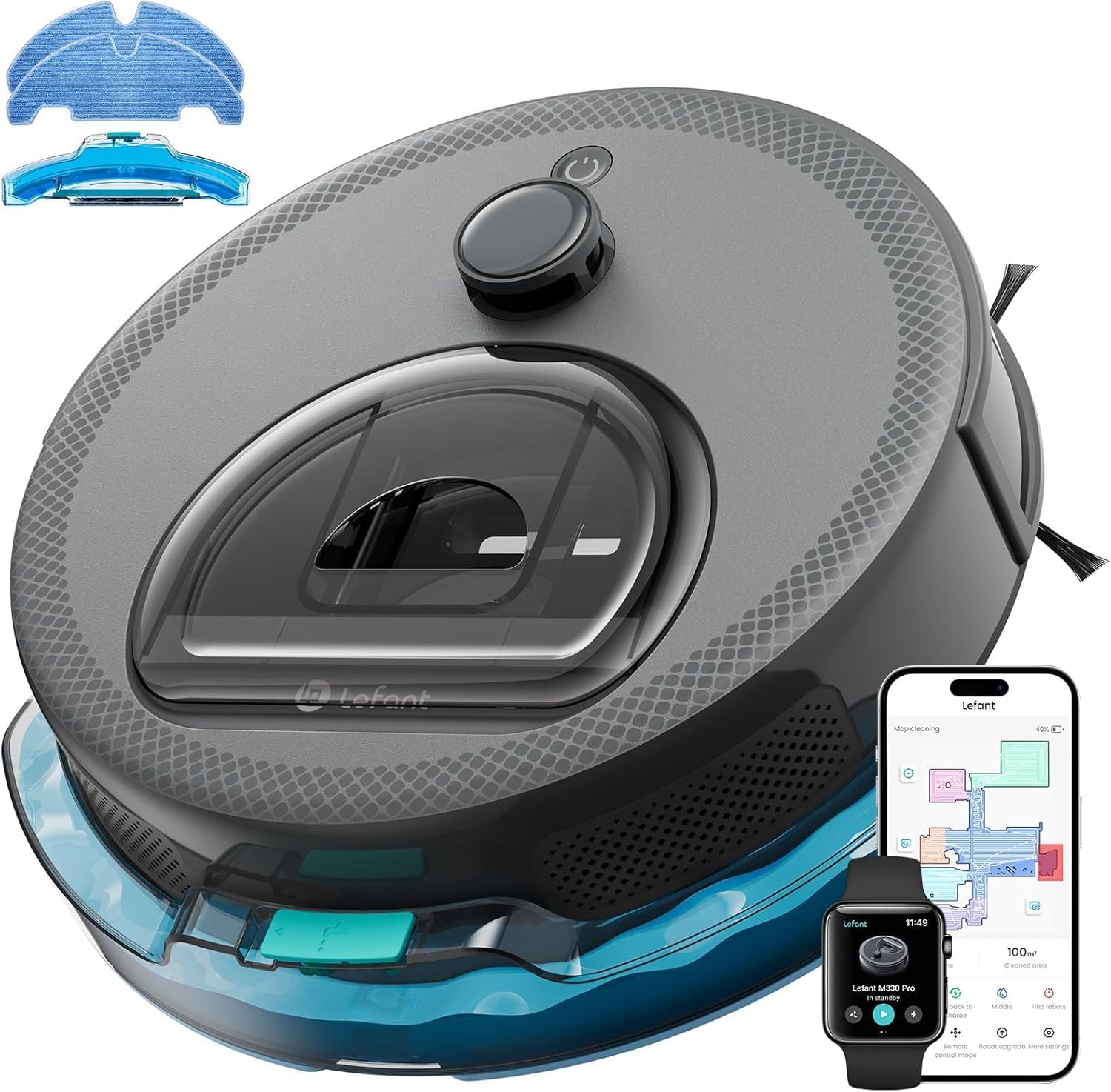 Lefant Robot Vacuum and Mop, Smart Mapping and Obstacle Avoidance, Tangle-Free Pet Hair, 2.4G/5G WiFi App Control, Slim Design for Wider Coverage, Carpet Detection, M330 Pro, Grey